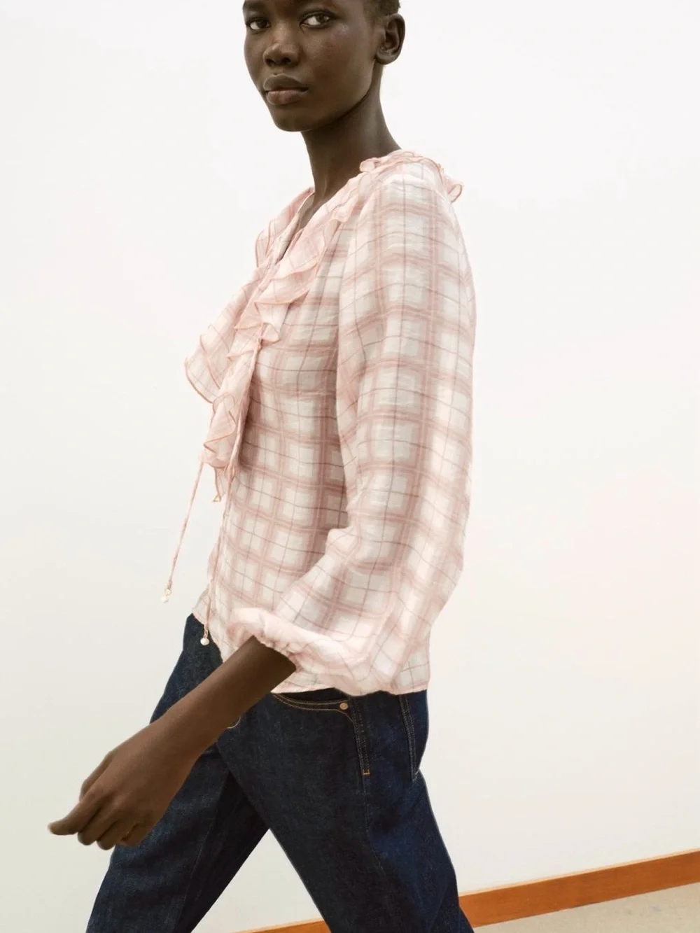 BNWT Zara Muted Pink Plaid Ruffle Blouse